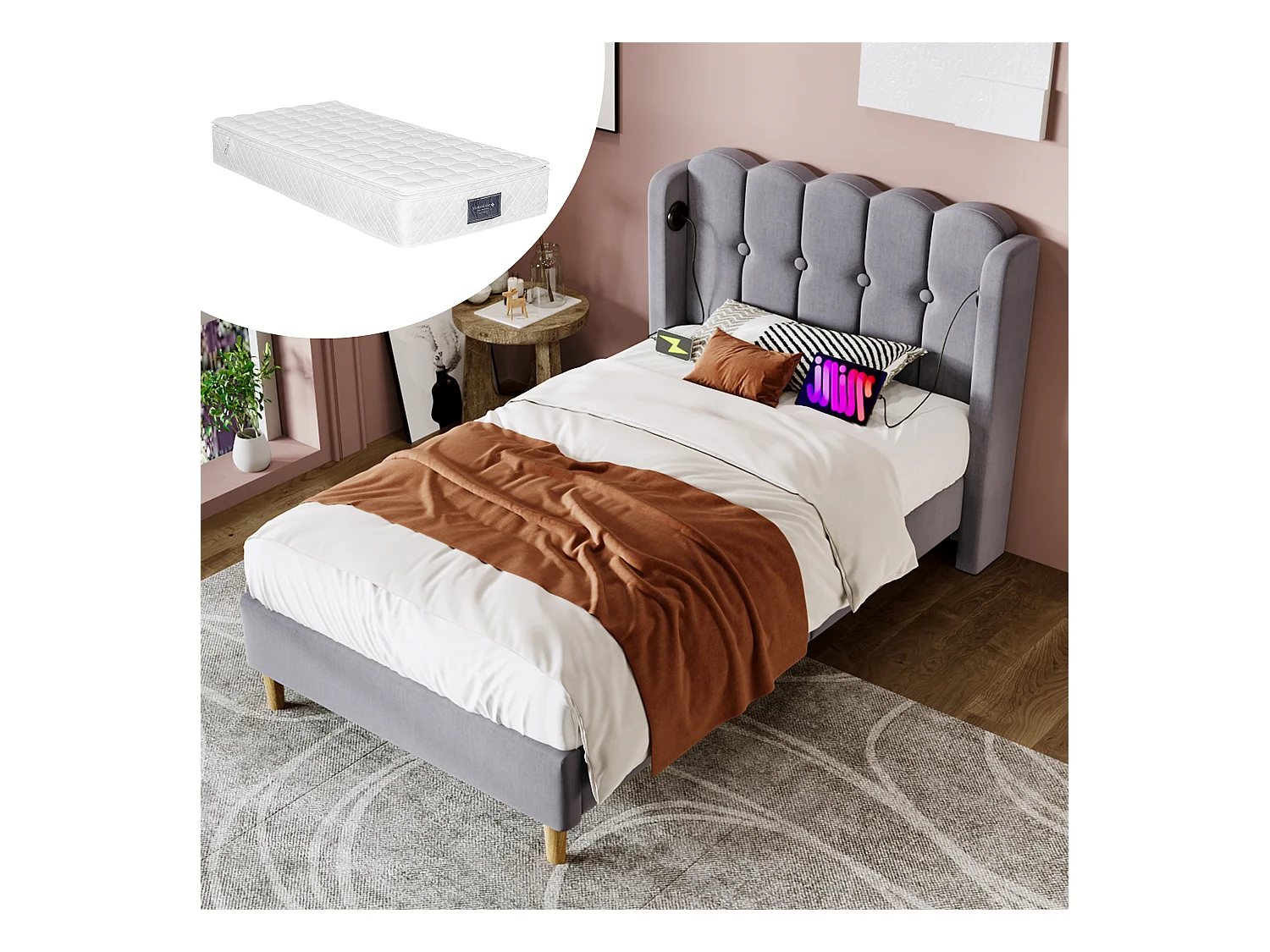 Lit simple rembourré pour jeune - 90 x 200 cm - Matelas + Tête de lit avec USB - Tissu lin - Gris