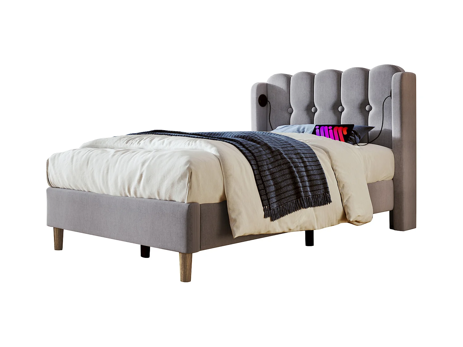 Lit simple rembourré pour jeune - 90 x 200 cm - Matelas + Tête de lit avec USB - Tissu lin - Gris