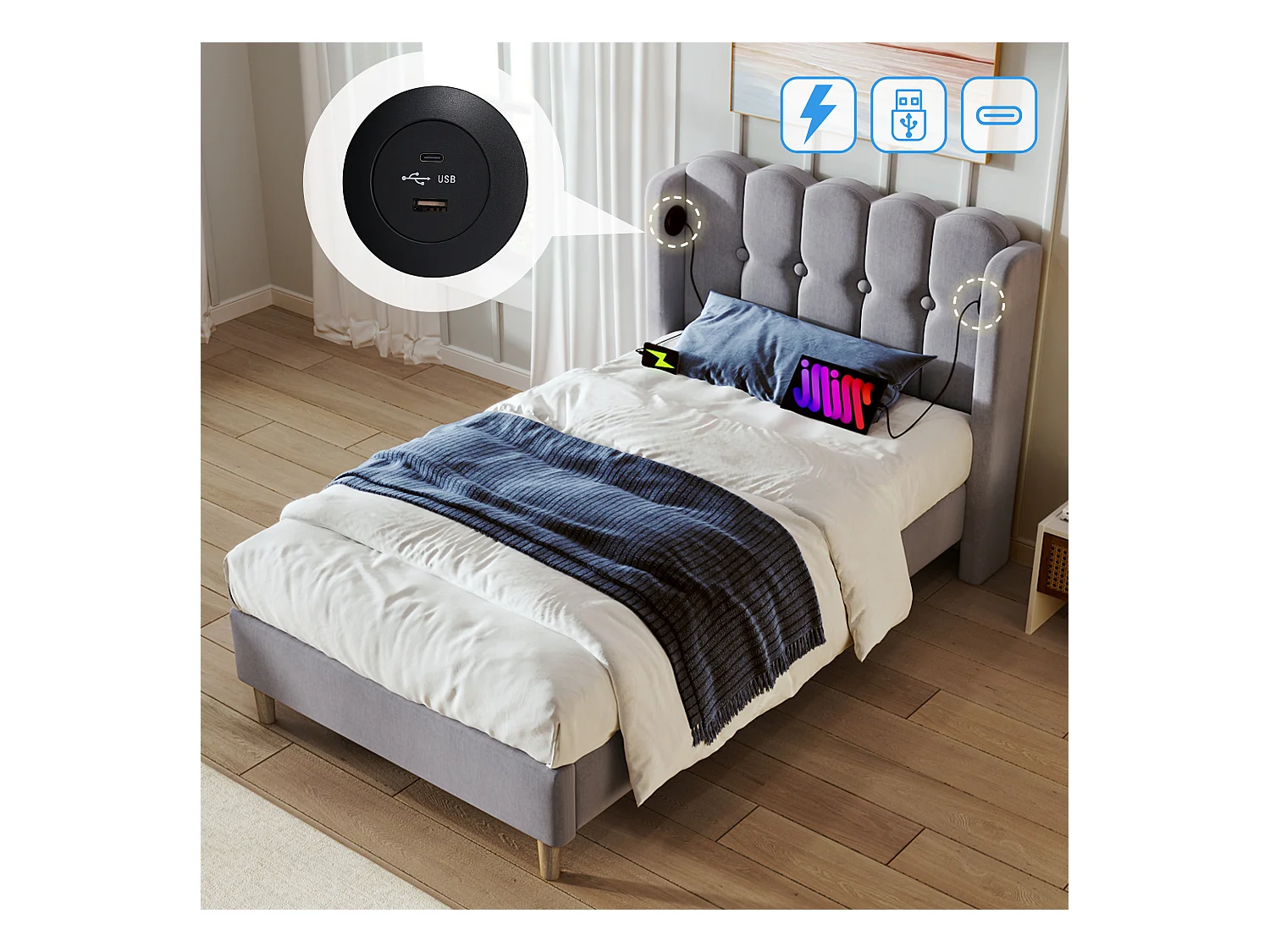 Lit simple rembourré pour jeune - 90 x 200 cm - Matelas + Tête de lit avec USB - Tissu lin - Gris