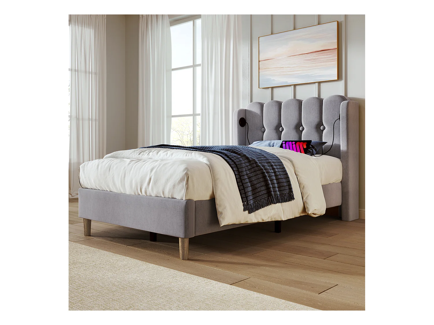 Lit simple rembourré pour jeune - 90 x 200 cm - Matelas + Tête de lit avec USB - Tissu lin - Gris