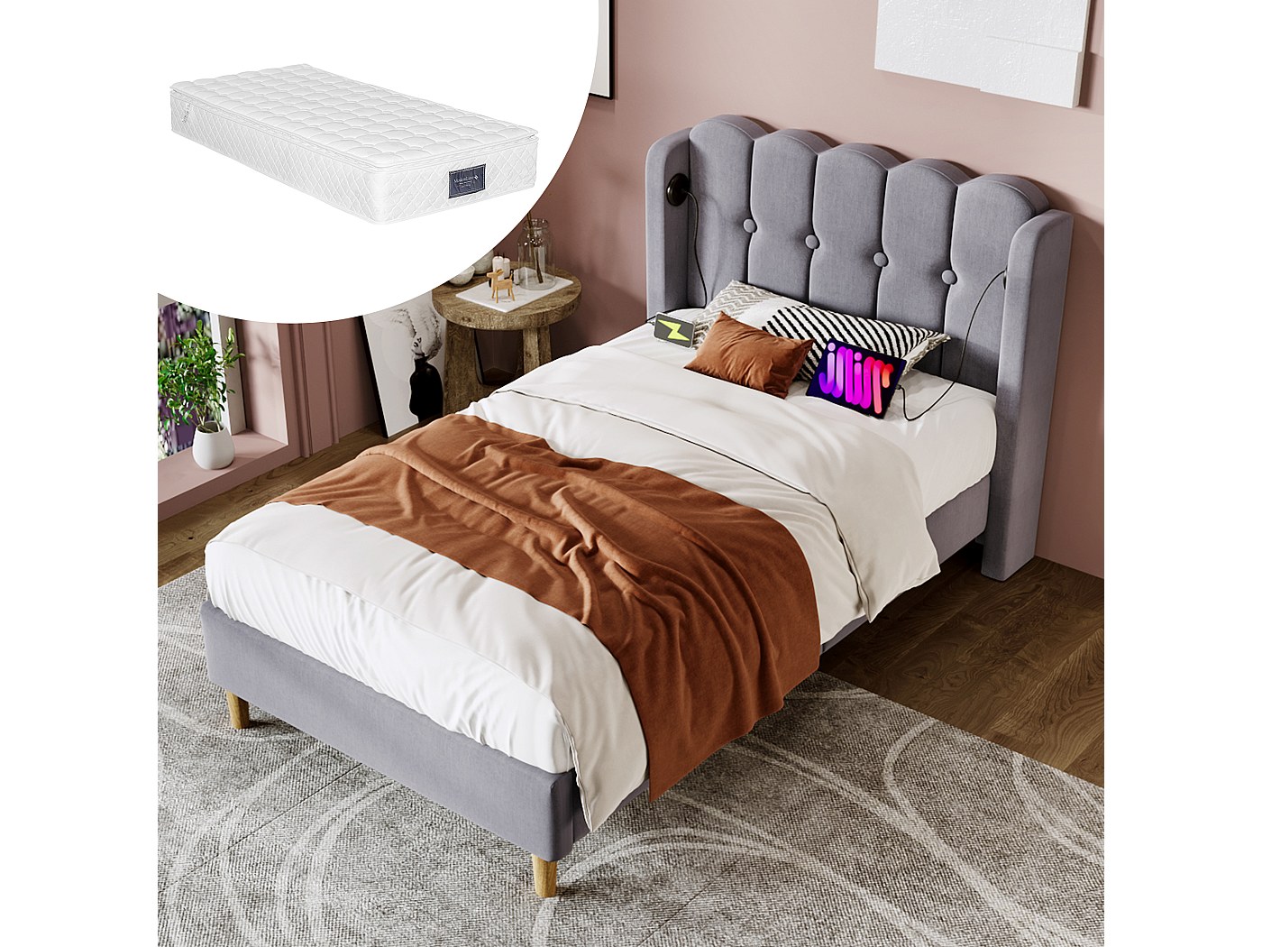 NQSLDM Gestoffeerd bed kinderbed 90 x 200 cm met rolbed en verstelbaar hoofdeinde, opbergbed eenpersoonsbed met lattenbodem en lade, voor jongens en meisjes, linnen materiaal, zonder matras, grijs