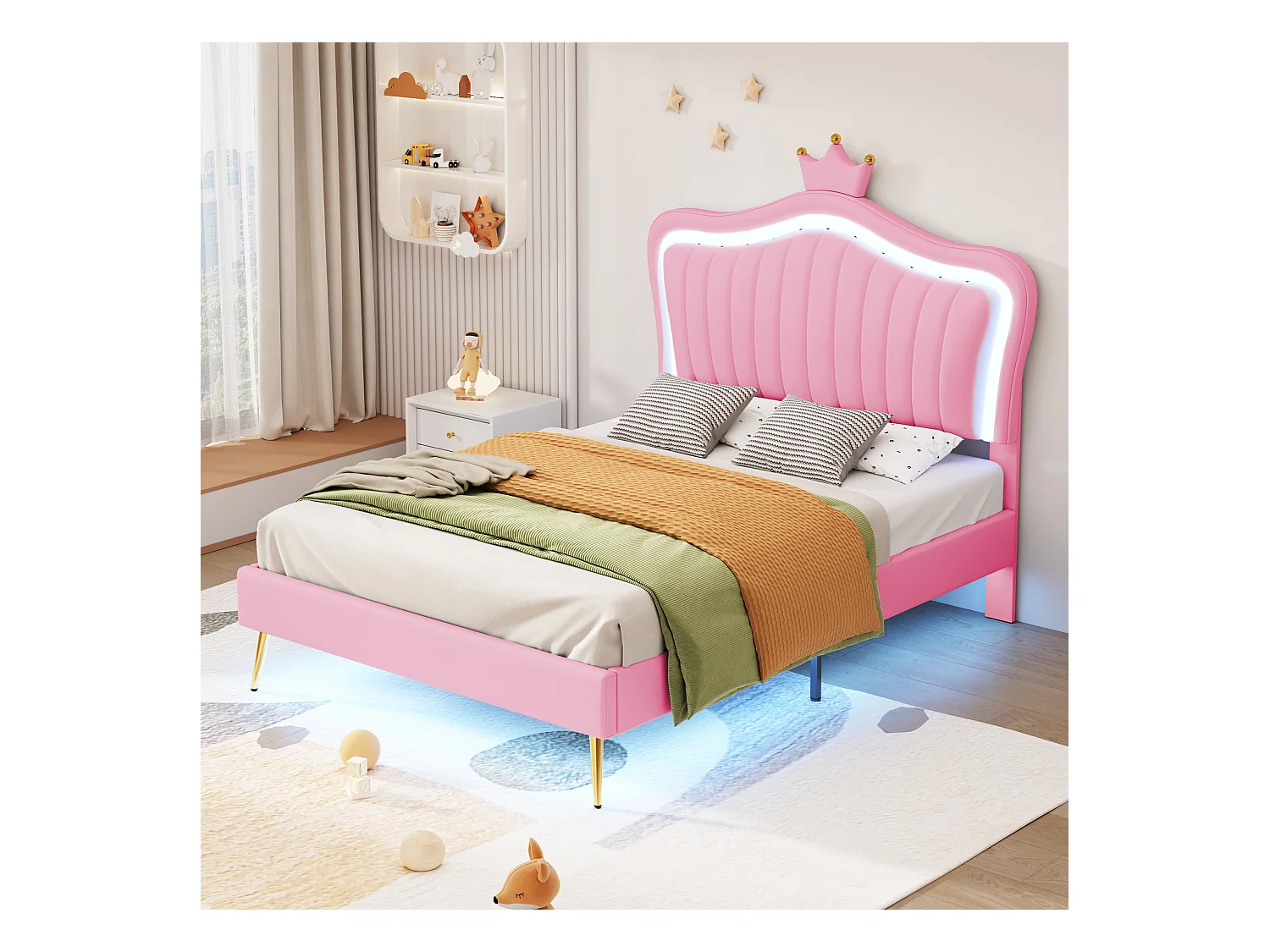 Lit rembourré pour enfant - 90 x 200 cm - avec tête et Leds - Cuir PU - rose