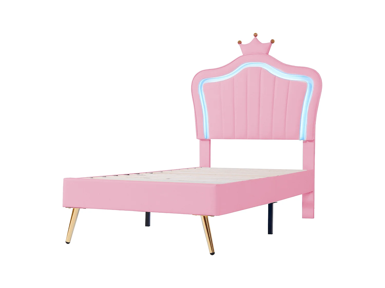 Lit rembourré pour enfant - 90 x 200 cm - avec tête et Leds - Cuir PU - rose