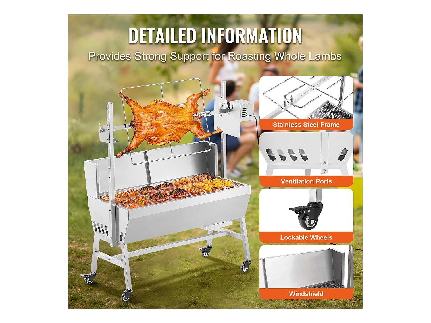 Barbecue à Rôtisserie SucceBuy 42 W, Rôtissoire électrique, Moteur Puissant  de 42 W, Capacité de 61 kg