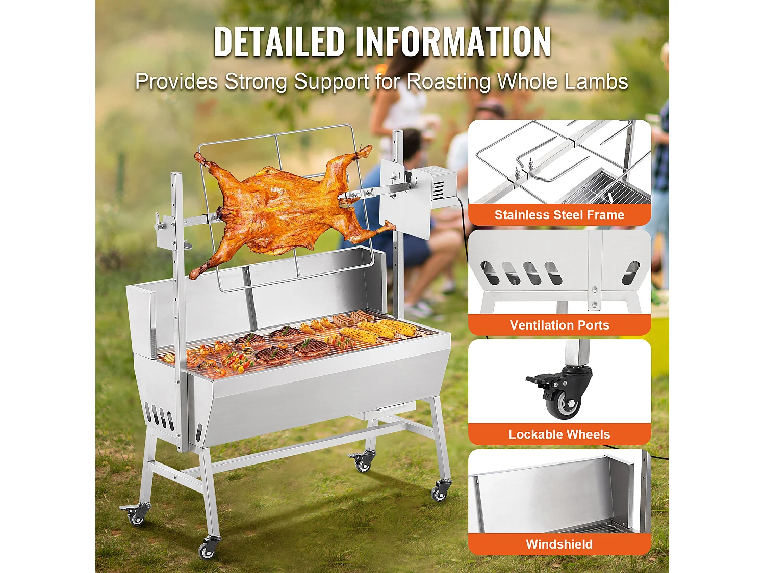 Barbecue à Rôtisserie SucceBuy 42 W, Rôtissoire électrique, Moteur Puissant  de 42 W, Capacité de 61 kg
