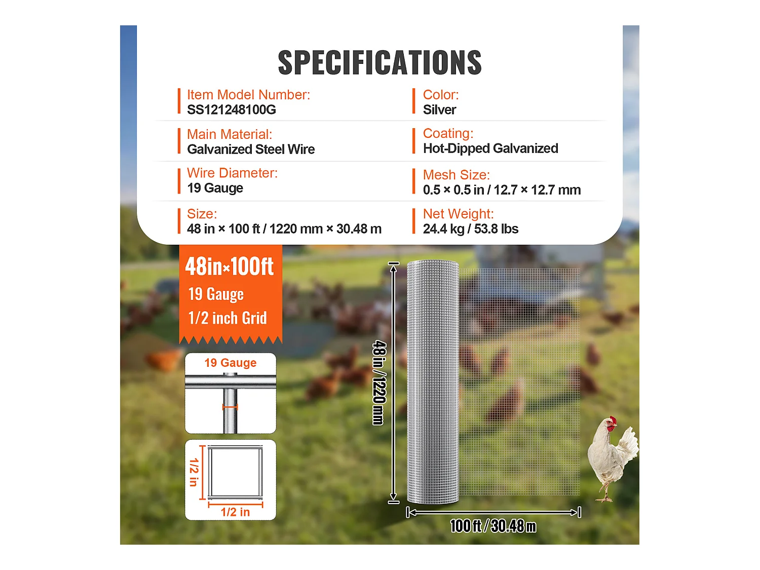 Rouleau de Rreillis Nétallique de Calibre 19 SucceBuy 1/2" 48" x 100" - Matériel de Clôture en Fil de Fer
