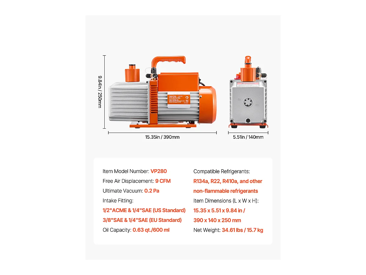Bomba de Aspiración SucceBuy 9 CFM, Vanas Rotativas de 2 Etapas, con Aceite Incluido