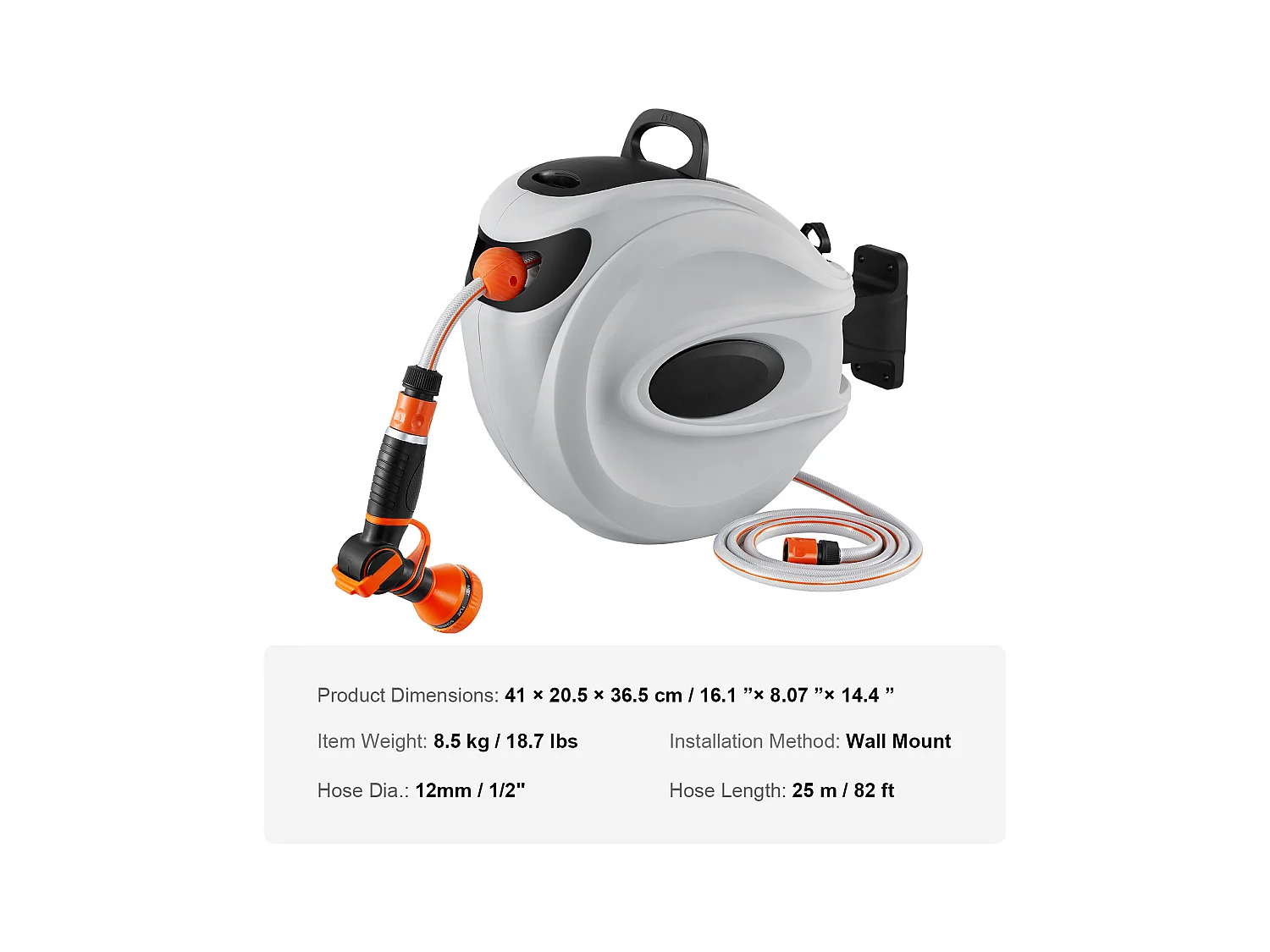 Enrouleur de Tuyau Rétractable SucceBuy, 82'x1/2", Pivotant à 180°, Montage Mural