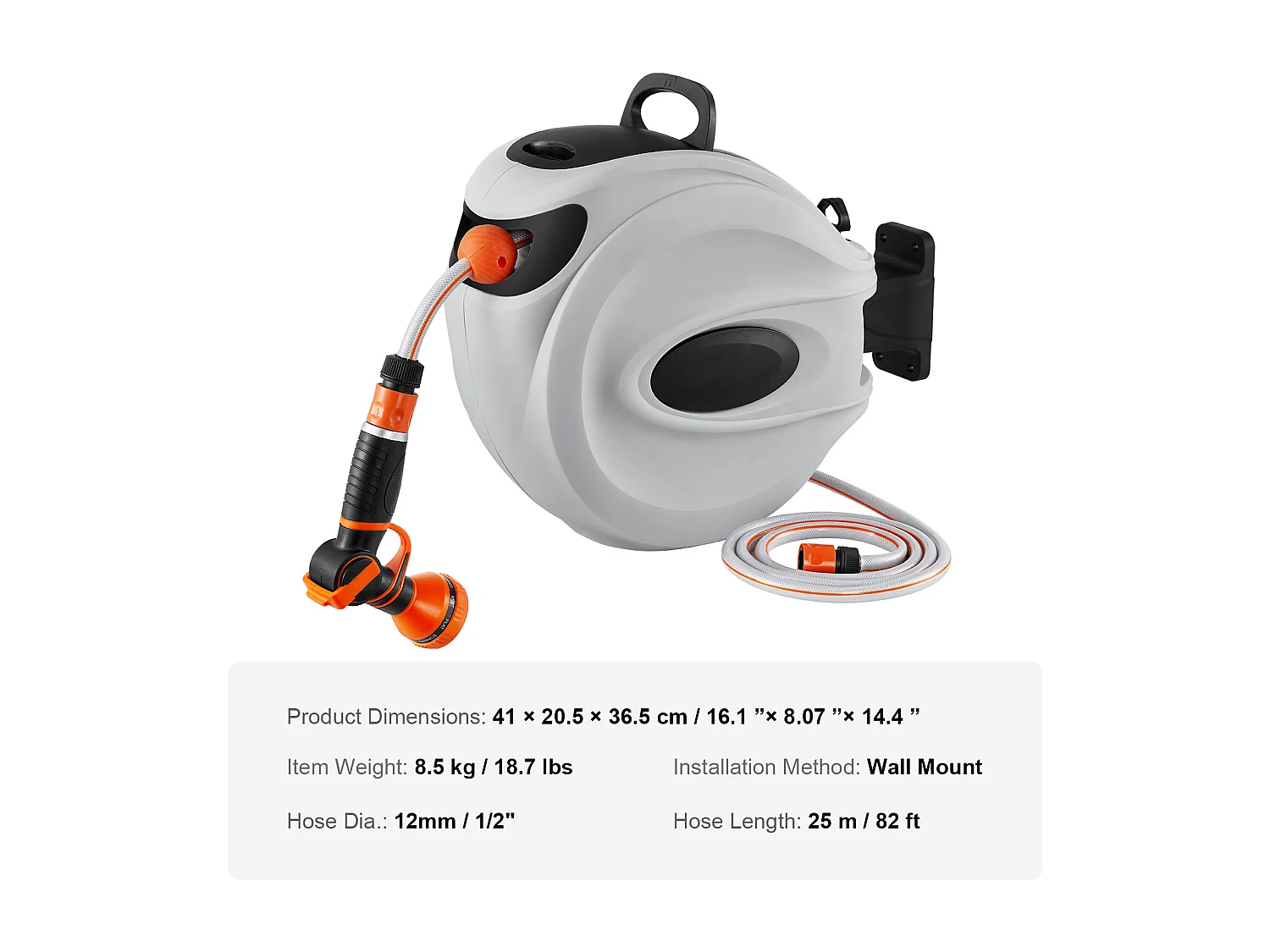 Enrouleur de Tuyau Rétractable SucceBuy, 82'x1/2", Pivotant à 180°, Montage Mural