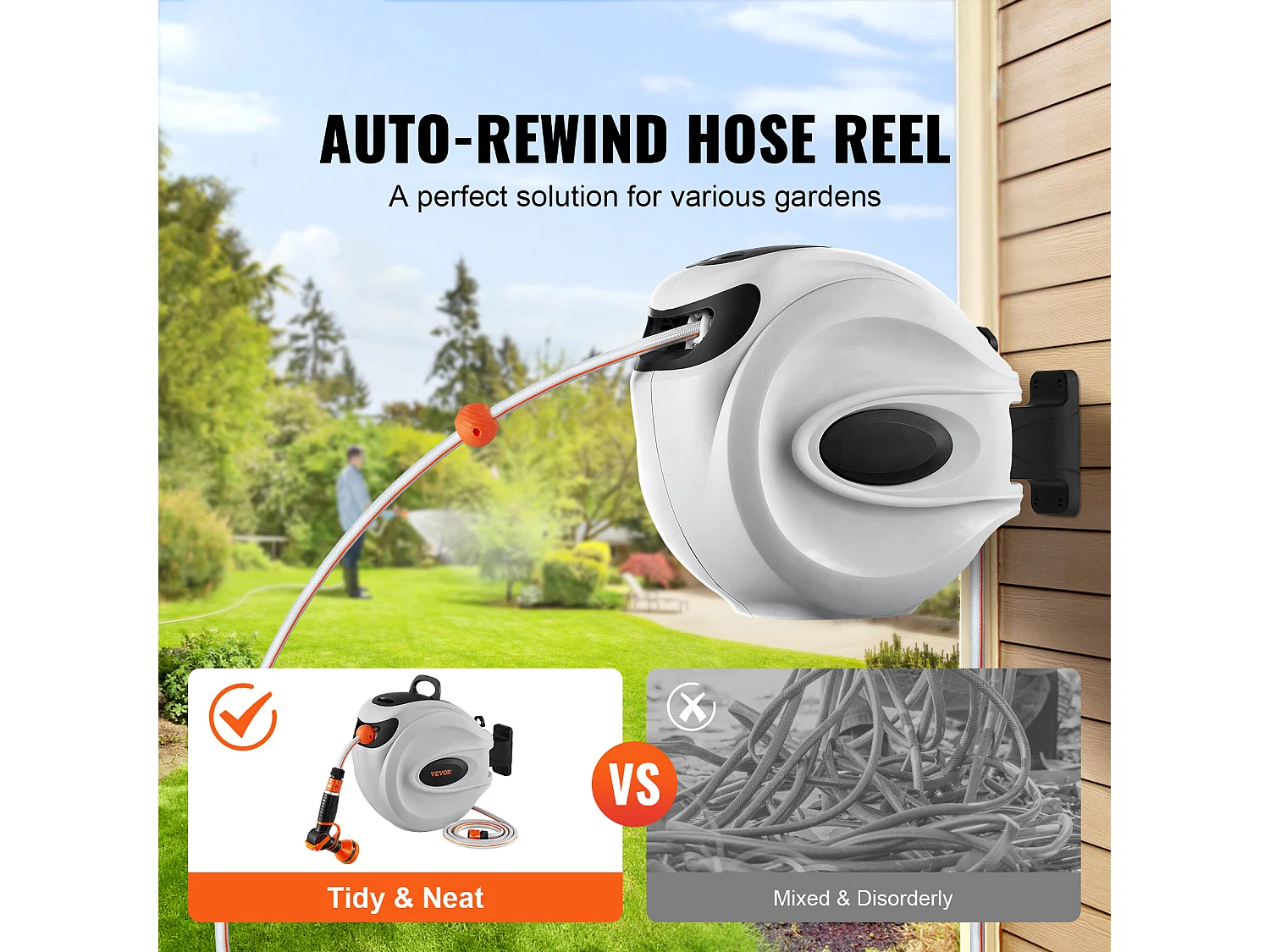 Enrouleur de Tuyau Rétractable SucceBuy, 82'x1/2", Pivotant à 180°, Montage Mural