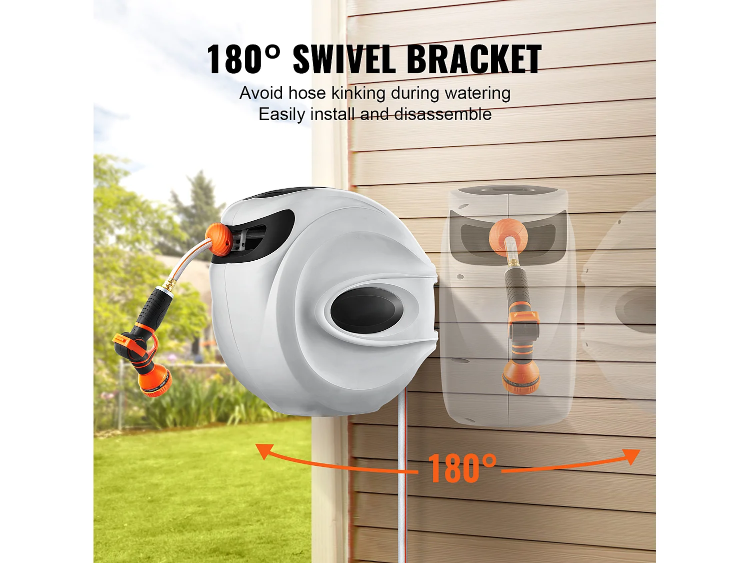 Enrouleur de Tuyau Rétractable SucceBuy, 82'x1/2", Pivotant à 180°, Montage Mural