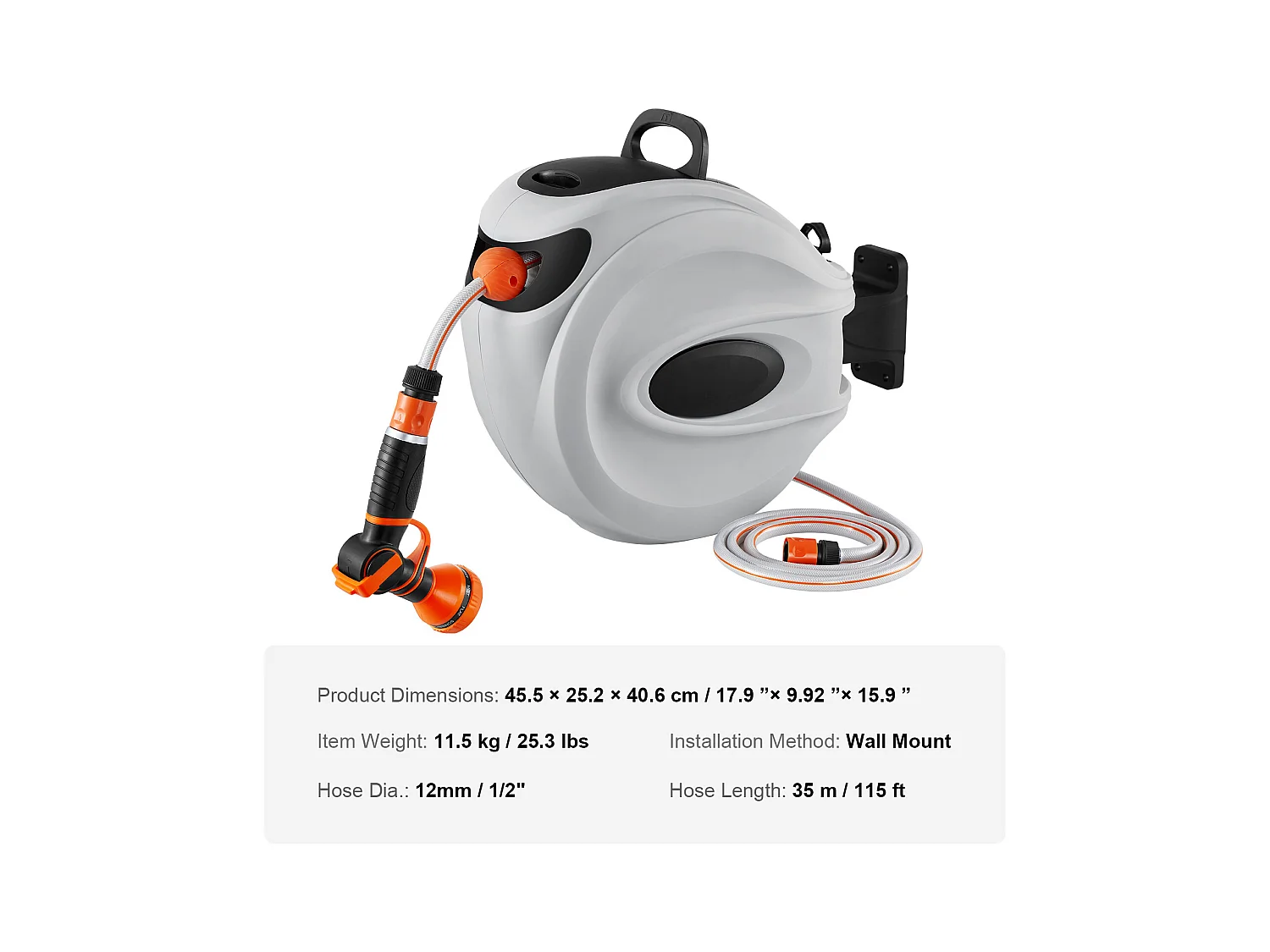 Enrouleur de Tuyau Rétractable SucceBuy 115'x1/2", Pivotant à 180°, Montage Mural