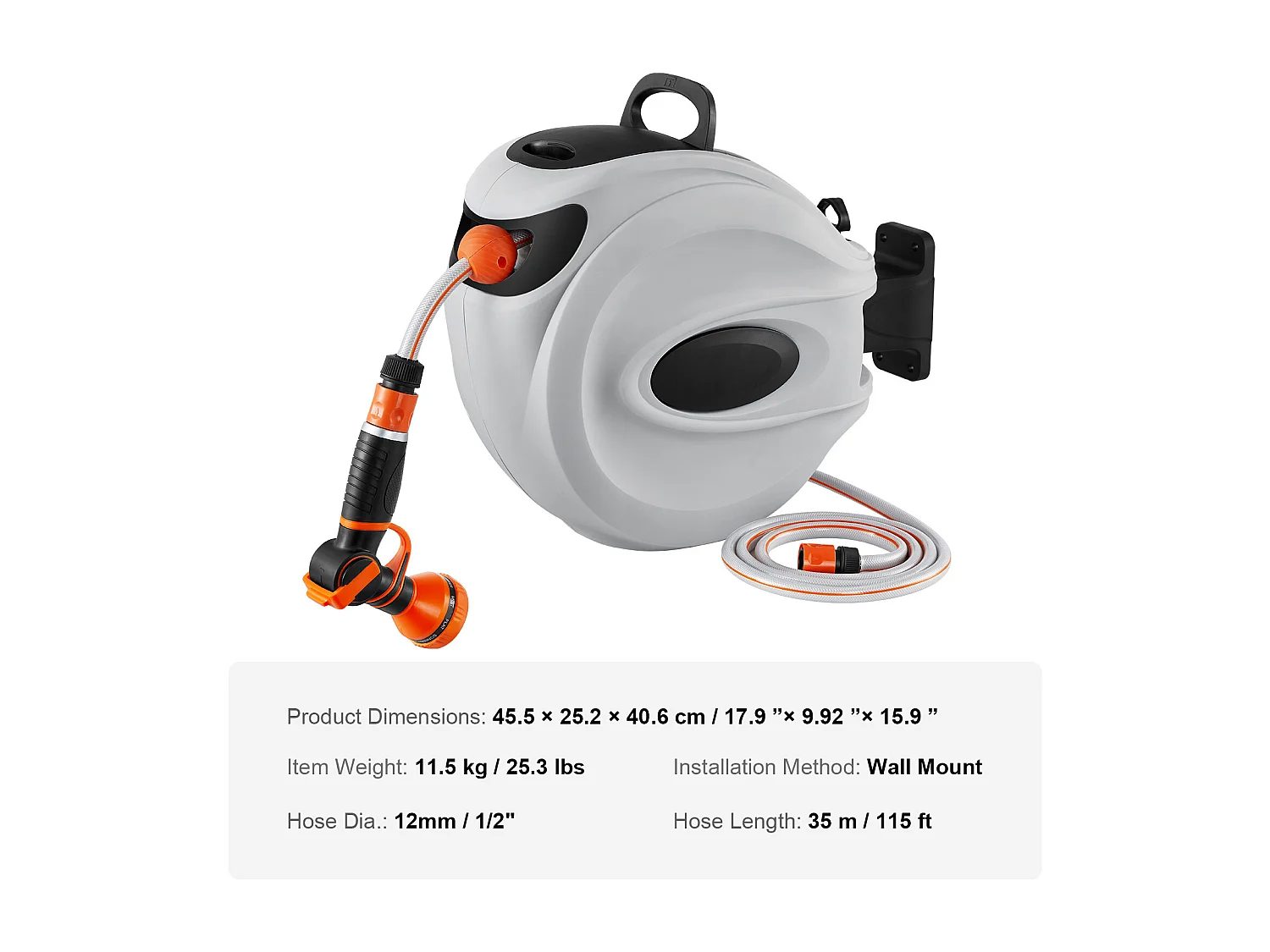 Enrouleur de Tuyau Rétractable SucceBuy 115'x1/2", Pivotant à 180°, Montage Mural