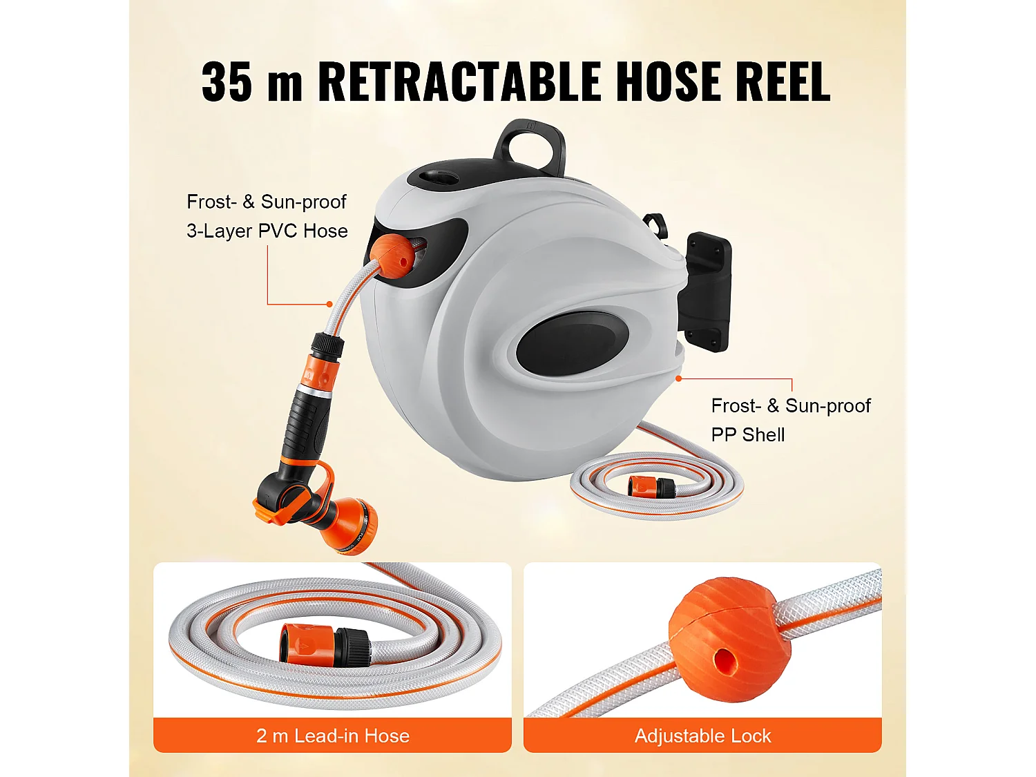 Enrouleur de Tuyau Rétractable SucceBuy 115'x1/2", Pivotant à 180°, Montage Mural