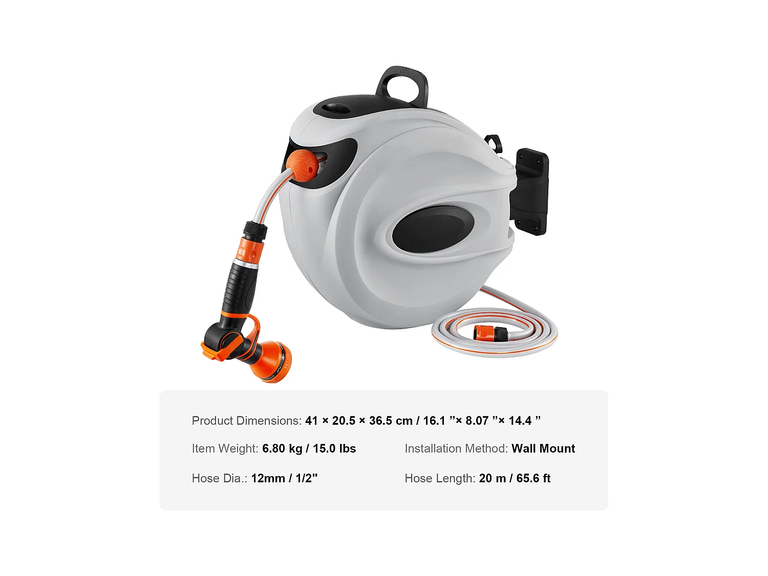 Enrouleur de Tuyau Rétractable SucceBuy 65.6'x1/2" 180° Pivotant Montage Mural