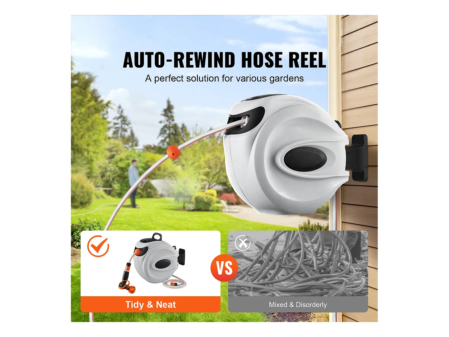 Enrouleur de Tuyau Rétractable SucceBuy 65.6'x1/2" 180° Pivotant Montage Mural