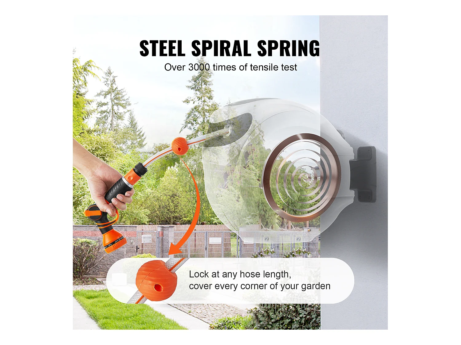 Enrouleur de Tuyau Rétractable SucceBuy 65.6'x1/2" 180° Pivotant Montage Mural