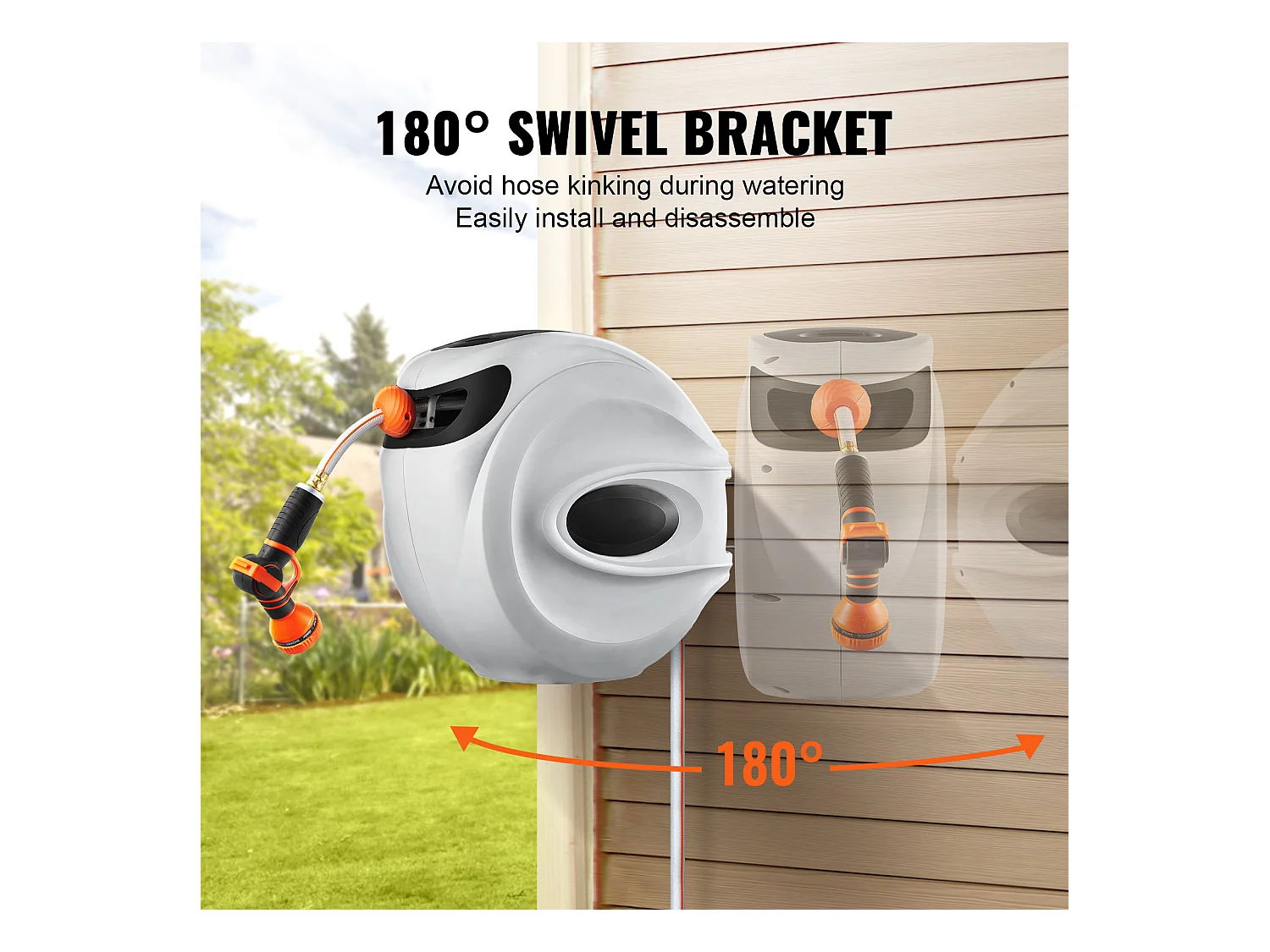 Enrouleur de Tuyau Rétractable SucceBuy 65.6'x1/2" 180° Pivotant Montage Mural