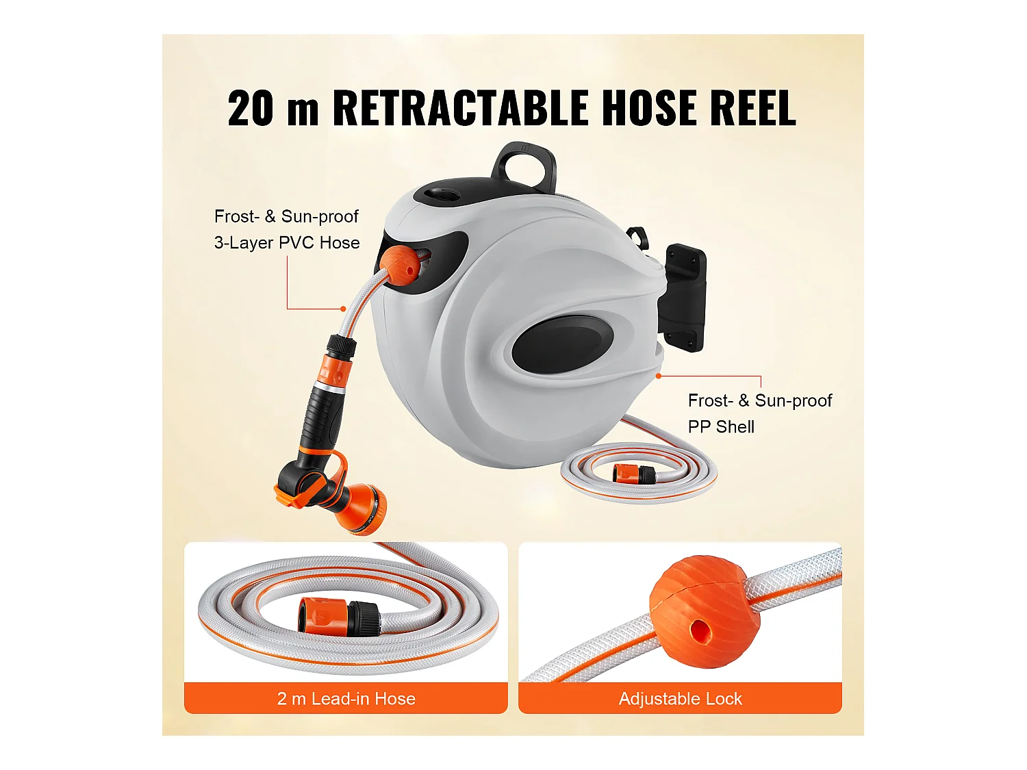 Enrouleur de Tuyau Rétractable SucceBuy 65.6'x1/2" 180° Pivotant Montage Mural