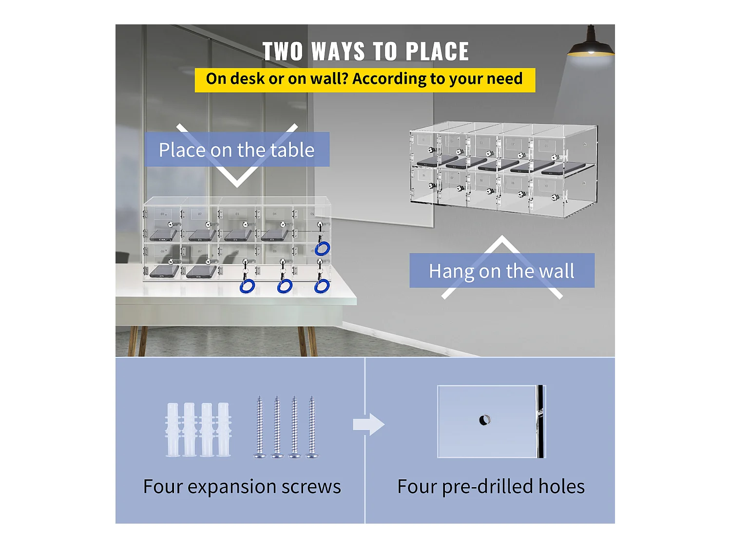 Casier pour Téléphone SucceBuy Portable en Acrylique, Armoire de Rangement à 10 Emplacements avec Clés, Transparent
