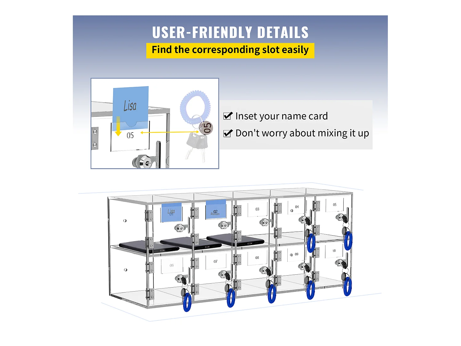 Casier pour Téléphone SucceBuy Portable en Acrylique, Armoire de Rangement à 10 Emplacements avec Clés, Transparent