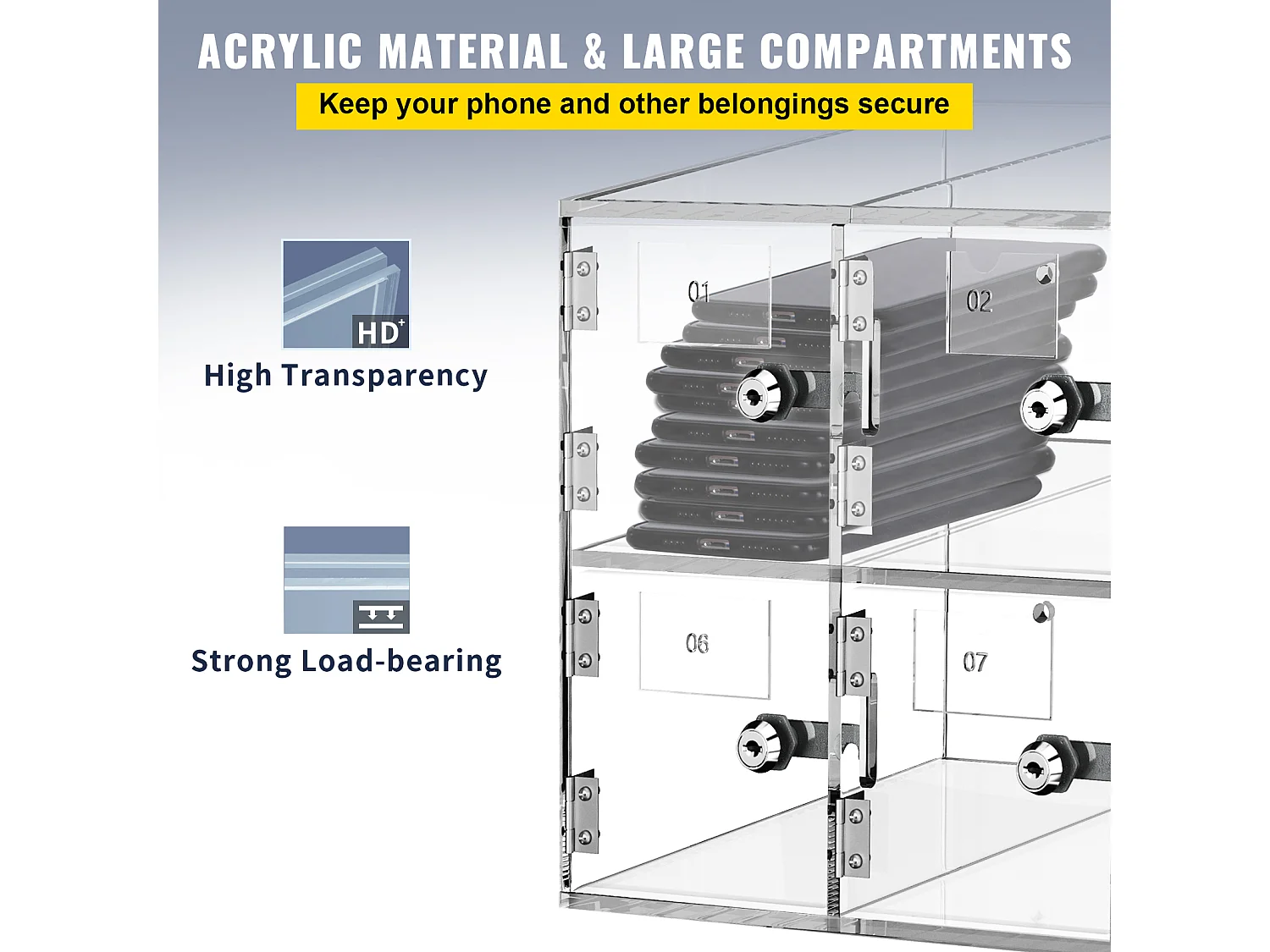 Handy-Schließfach aus Acryl SucceBuy, Aufbewahrungsschrank mit 10 Fächern und Schlüsseln,Transparent
