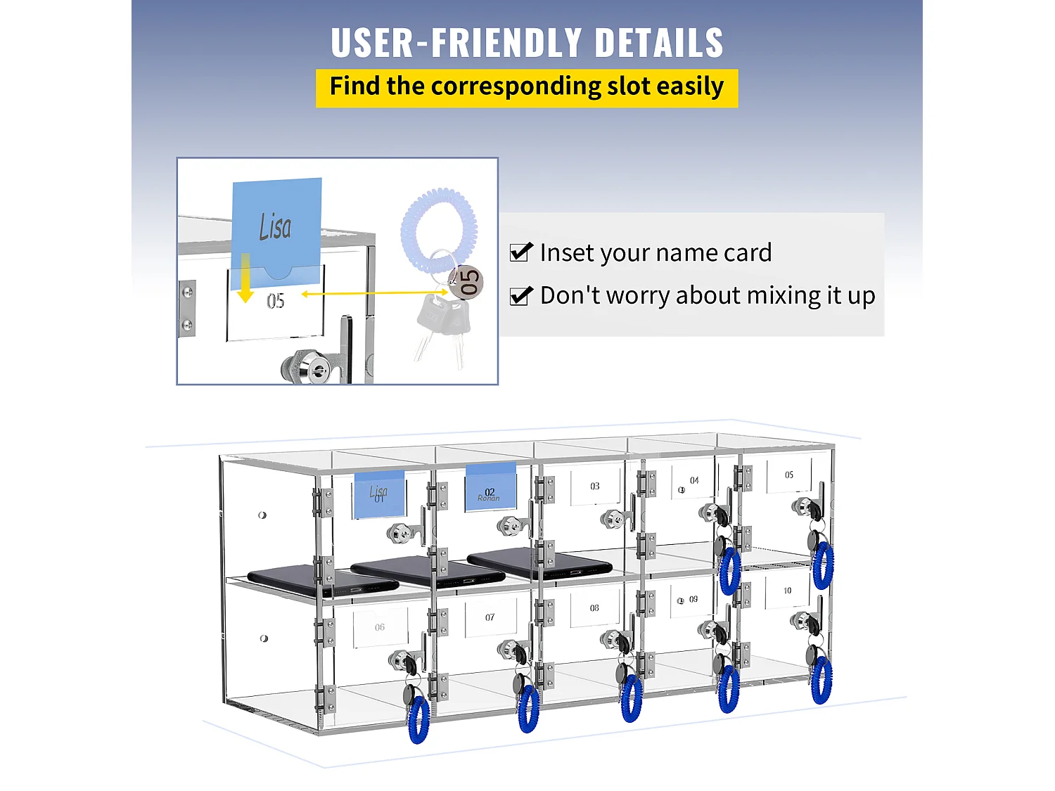 Handy-Schließfach aus Acryl SucceBuy, Aufbewahrungsschrank mit 10 Fächern und Schlüsseln,Transparent