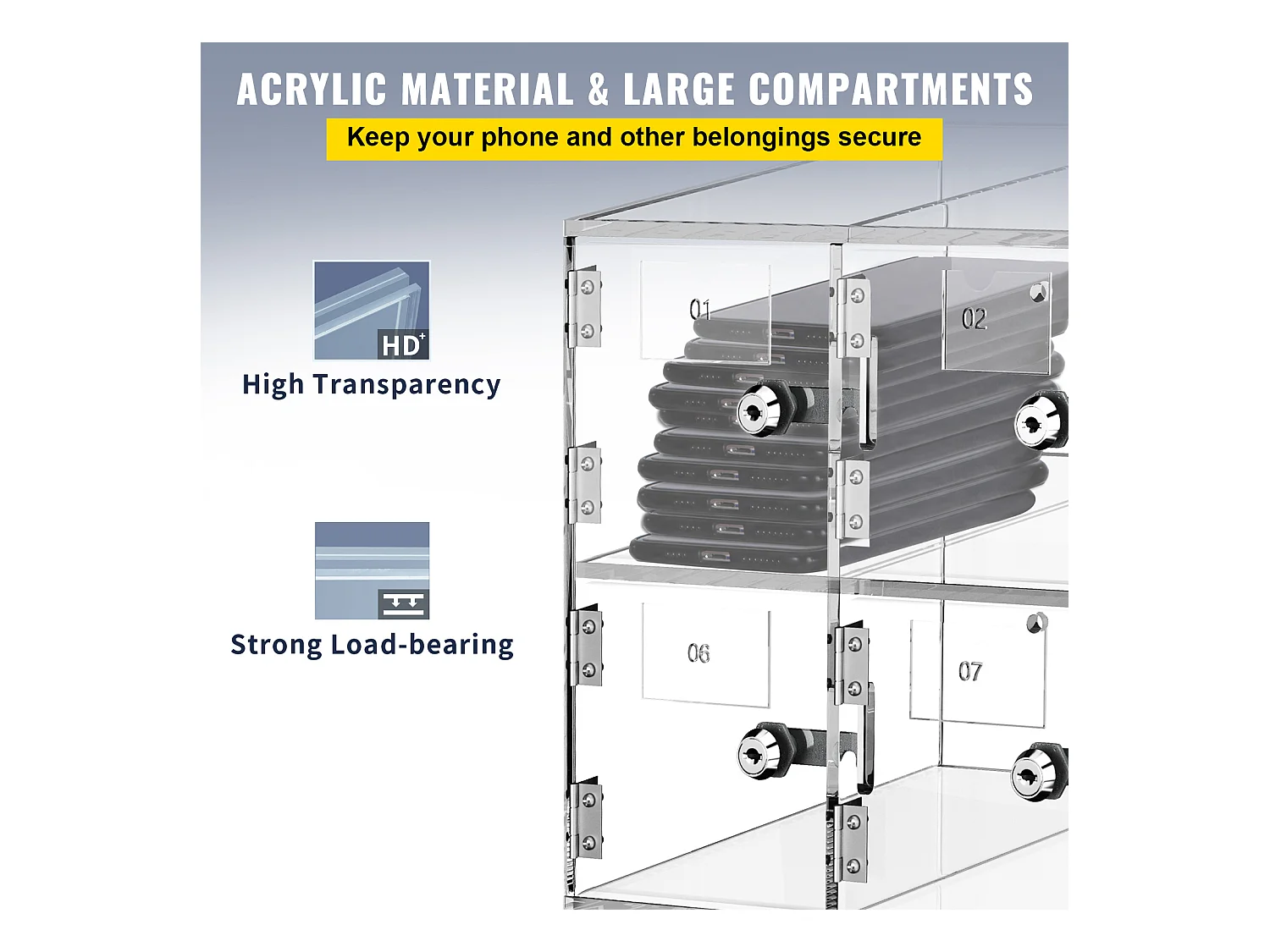 Casier pour Téléphone SucceBuy Portable en Acrylique, Armoire de Rangement à 10 Emplacements avec Clés, Transparent