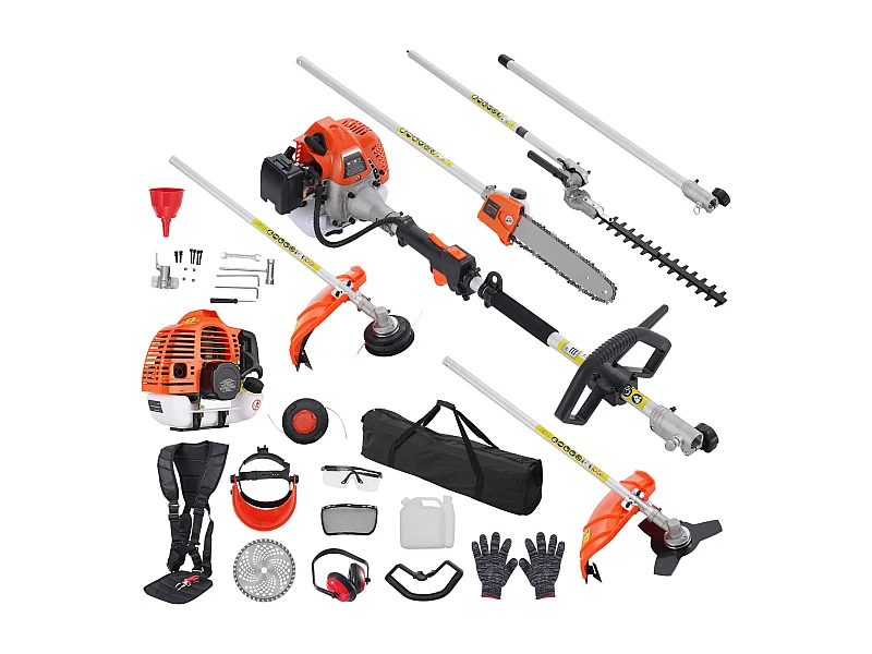SucceBuy 6-in-1 benzine grasmaaier, heggenschaar, snoeischaar, snoeizaag, grastrimmer, bosmaaier, houtzaag, 33CC