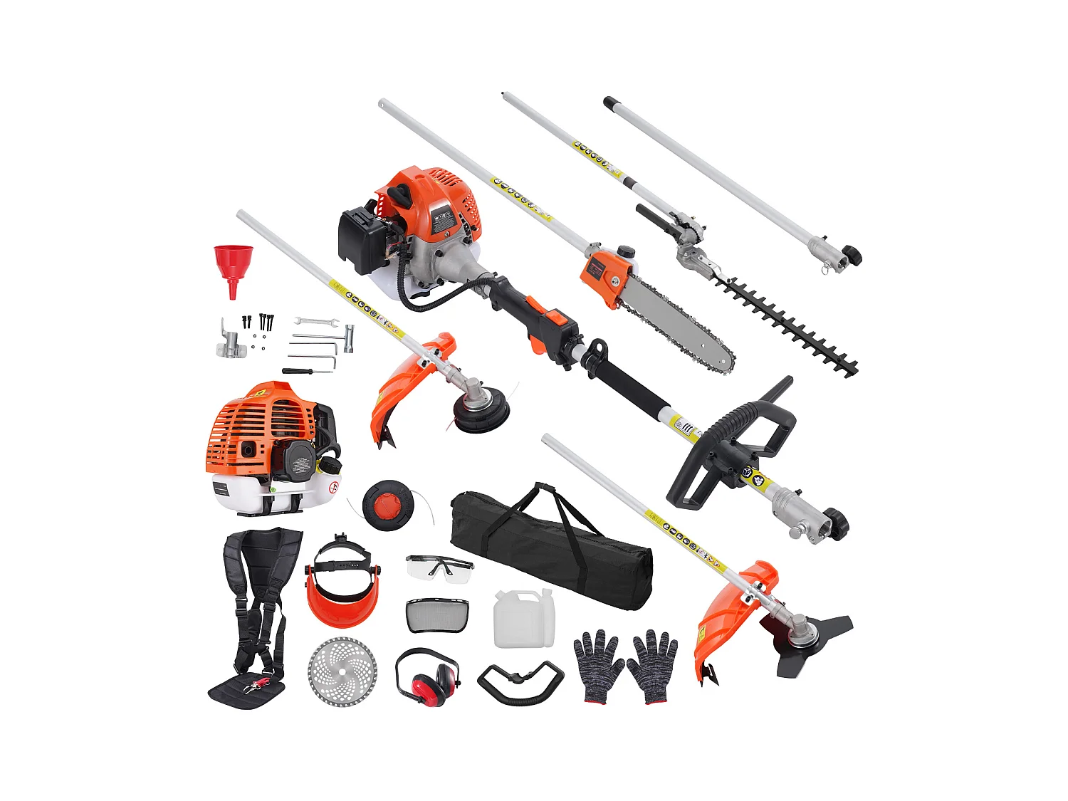 SucceBuy 6-in-1 benzine grasmaaier, heggenschaar, snoeischaar, snoeizaag, grastrimmer, bosmaaier, houtzaag, 33CC