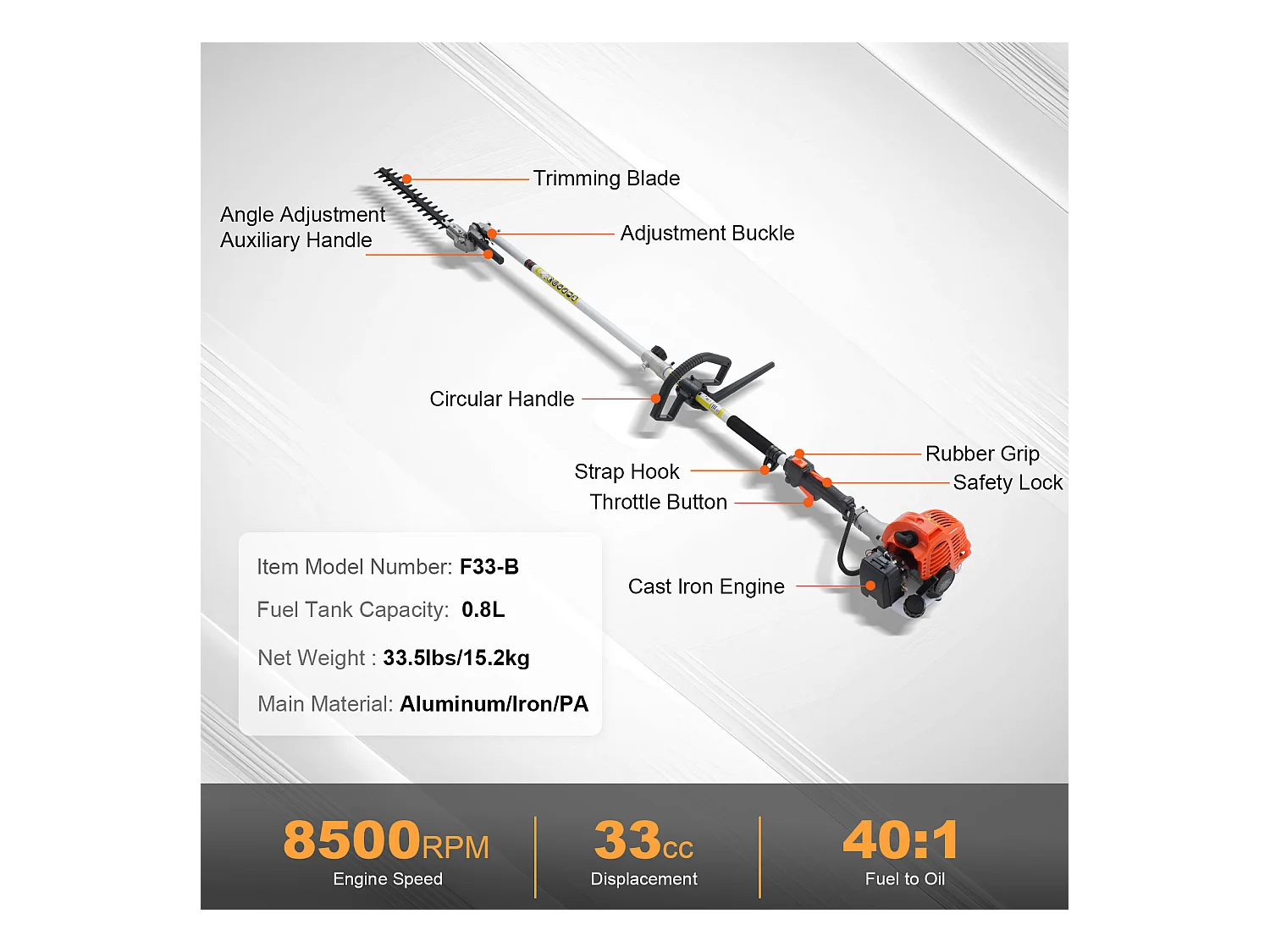 SucceBuy 6-in-1 benzine grasmaaier, heggenschaar, snoeischaar, snoeizaag, grastrimmer, bosmaaier, houtzaag, 33CC