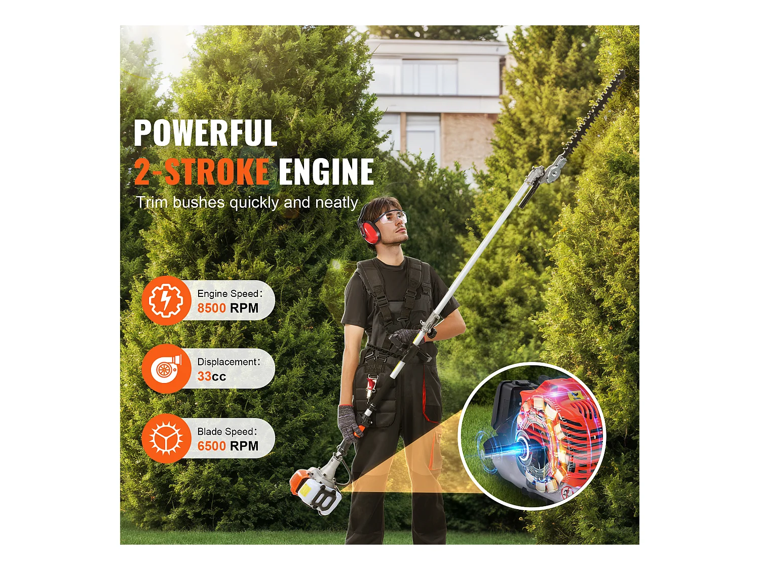 SucceBuy 6-in-1 benzine grasmaaier, heggenschaar, snoeischaar, snoeizaag, grastrimmer, bosmaaier, houtzaag, 33CC