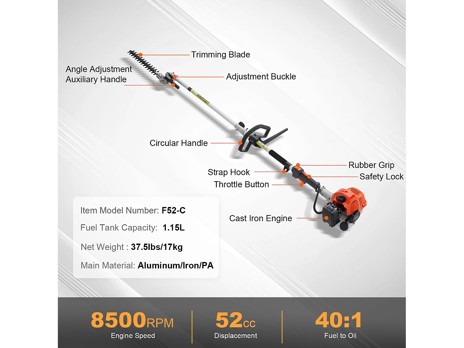 Hecht Garden SucceBuy 52CC 6-In-1 Benzinemotor, Heggenschaar en Grastrimmer