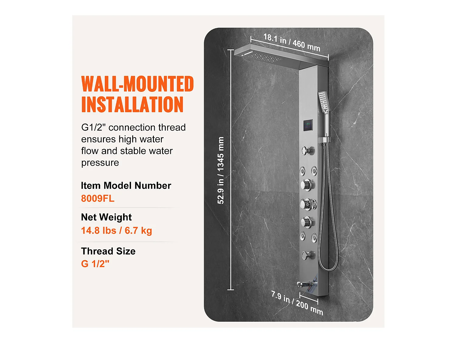 Système de Panneau de Douche en Acier Inoxydable avec 6 Modes,  Système de Tour de Panneau de Douche SucceBuy,Hydroélectricité LED