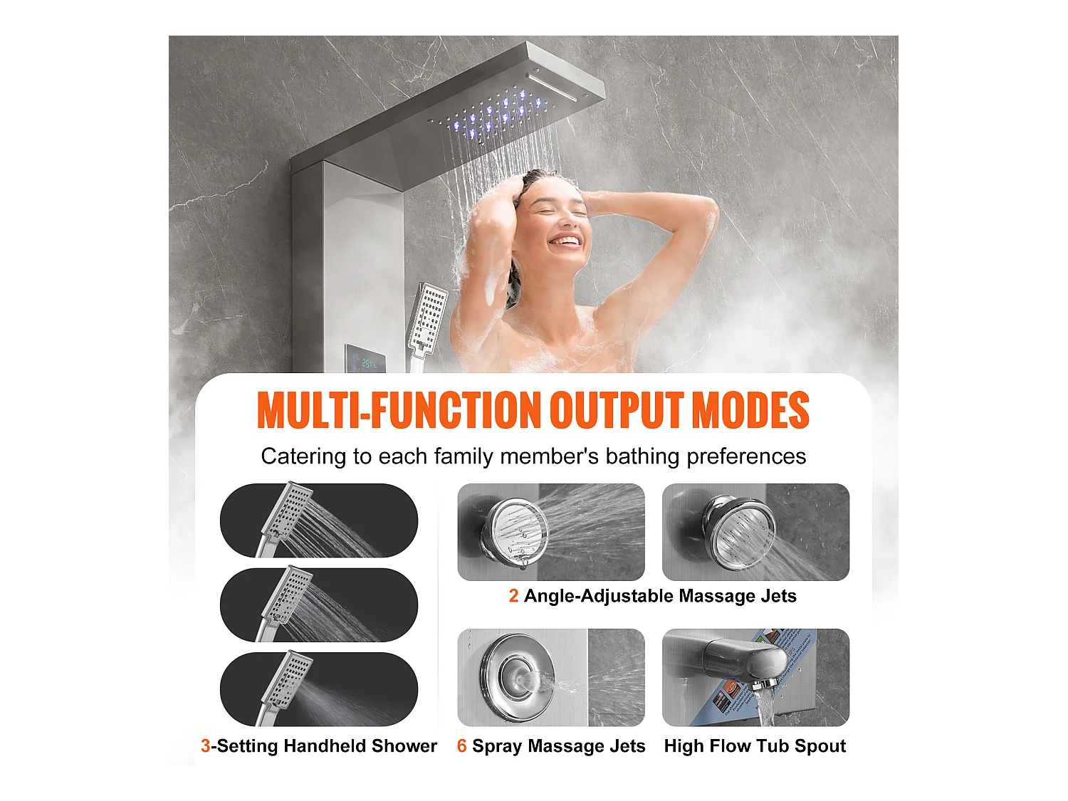 Système de Panneau de Douche en Acier Inoxydable avec 6 Modes,  Système de Tour de Panneau de Douche SucceBuy,Hydroélectricité LED