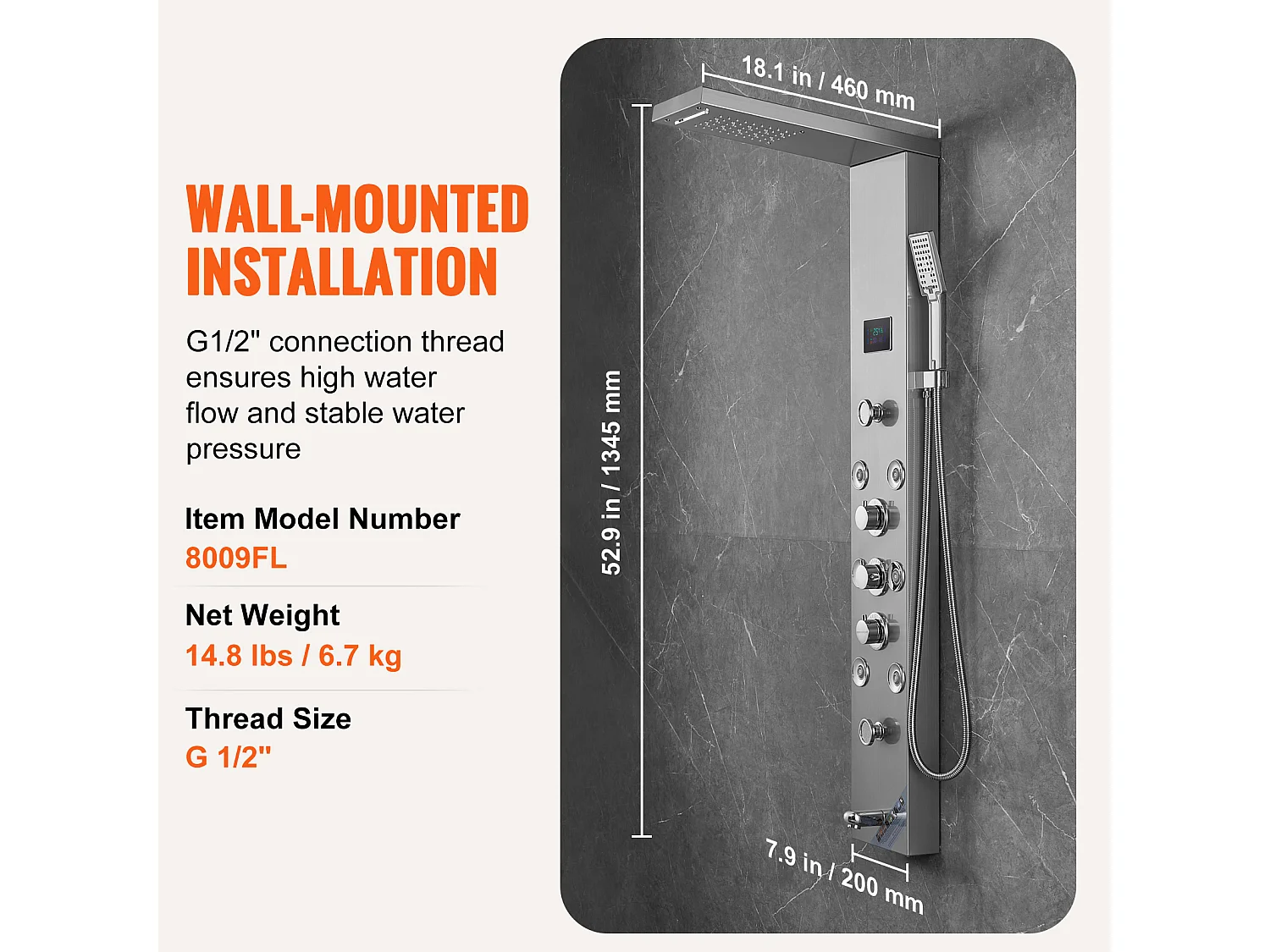 Système de Panneau de Douche en Acier Inoxydable avec 6 Modes,  Système de Tour de Panneau de Douche SucceBuy,Hydroélectricité LED