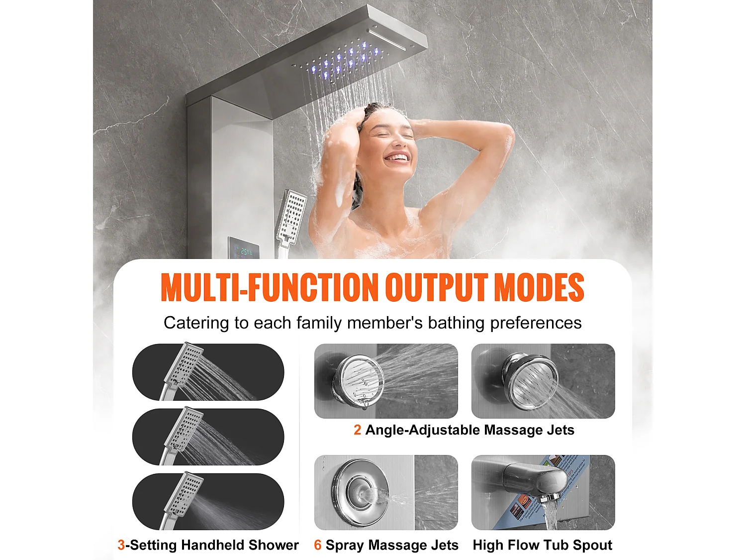 Système de Panneau de Douche en Acier Inoxydable avec 6 Modes,  Système de Tour de Panneau de Douche SucceBuy,Hydroélectricité LED