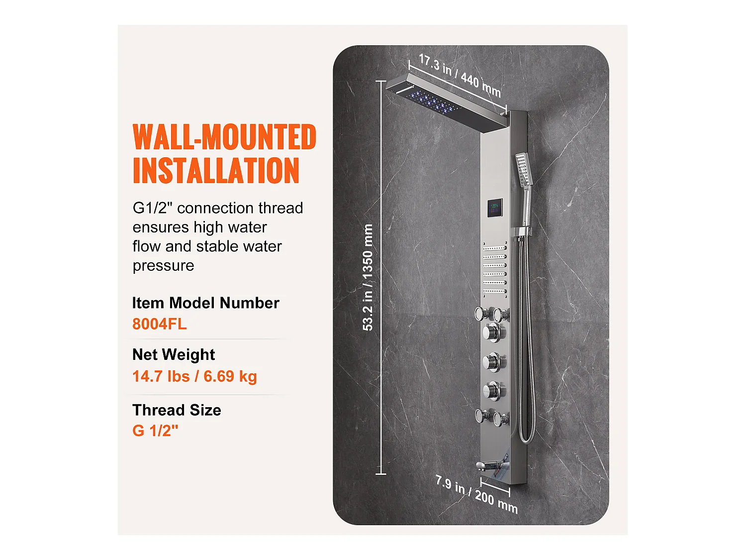 Panneau de Douche SucceBuy, 6 Modes, Colonne de douche Hydroélectricité LED, Acier Inoxydable