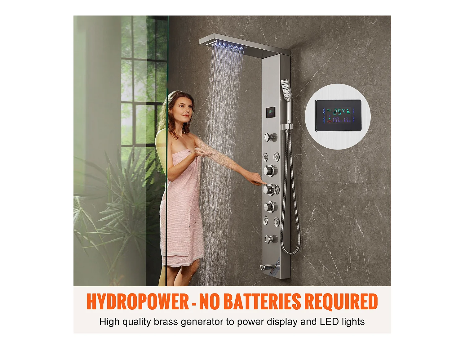 Panneau de Douche SucceBuy, 6 Modes, Colonne de douche Hydroélectricité LED, Acier Inoxydable