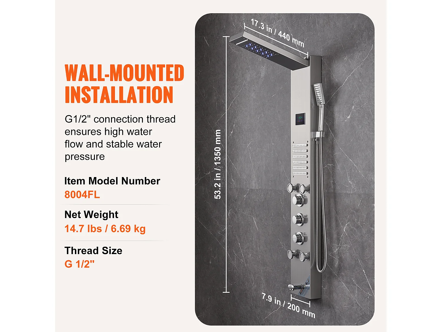 Panneau de Douche SucceBuy, 6 Modes, Colonne de douche Hydroélectricité LED, Acier Inoxydable