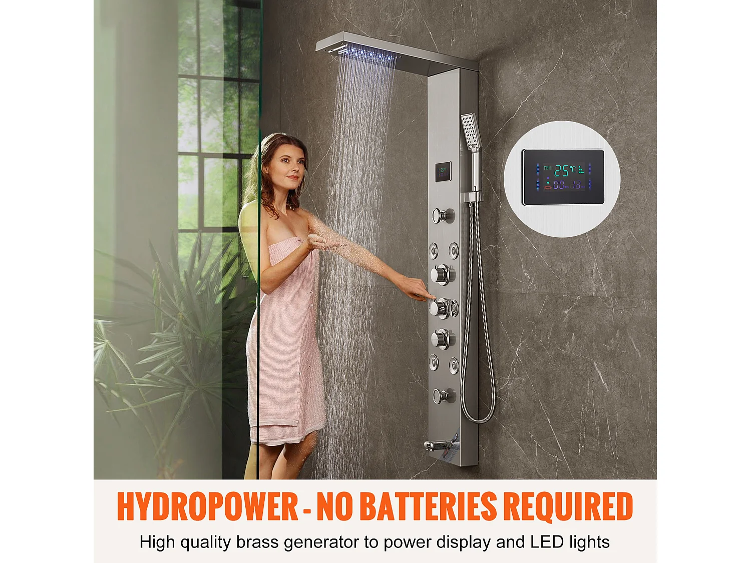 Panneau de Douche SucceBuy, 6 Modes, Colonne de douche Hydroélectricité LED, Acier Inoxydable