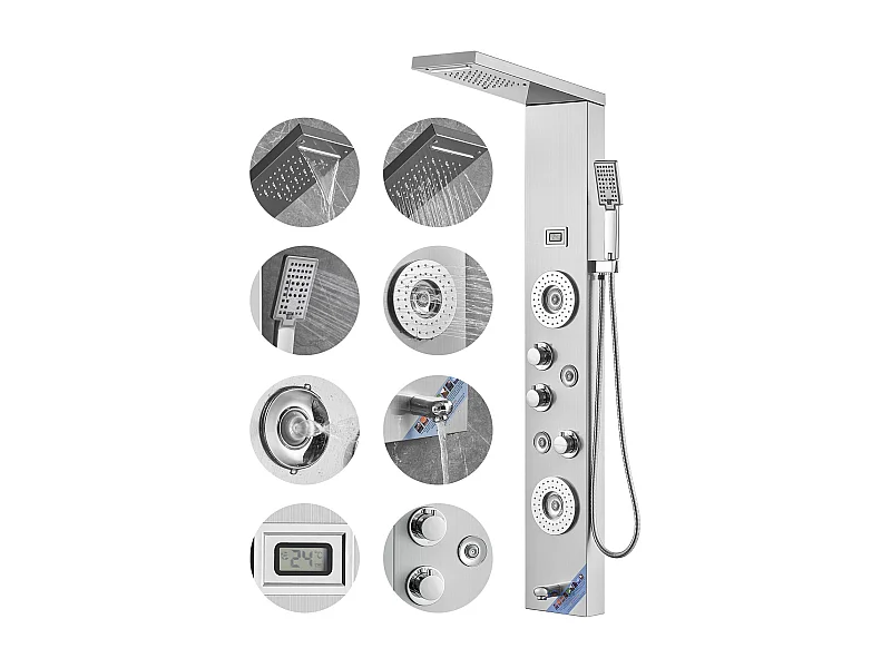 Sistema de Torre de Painel de Duche SucceBuy, 6 Modos, LED e Exibição Digital, Aço Inoxidável com Efeito de Chuva