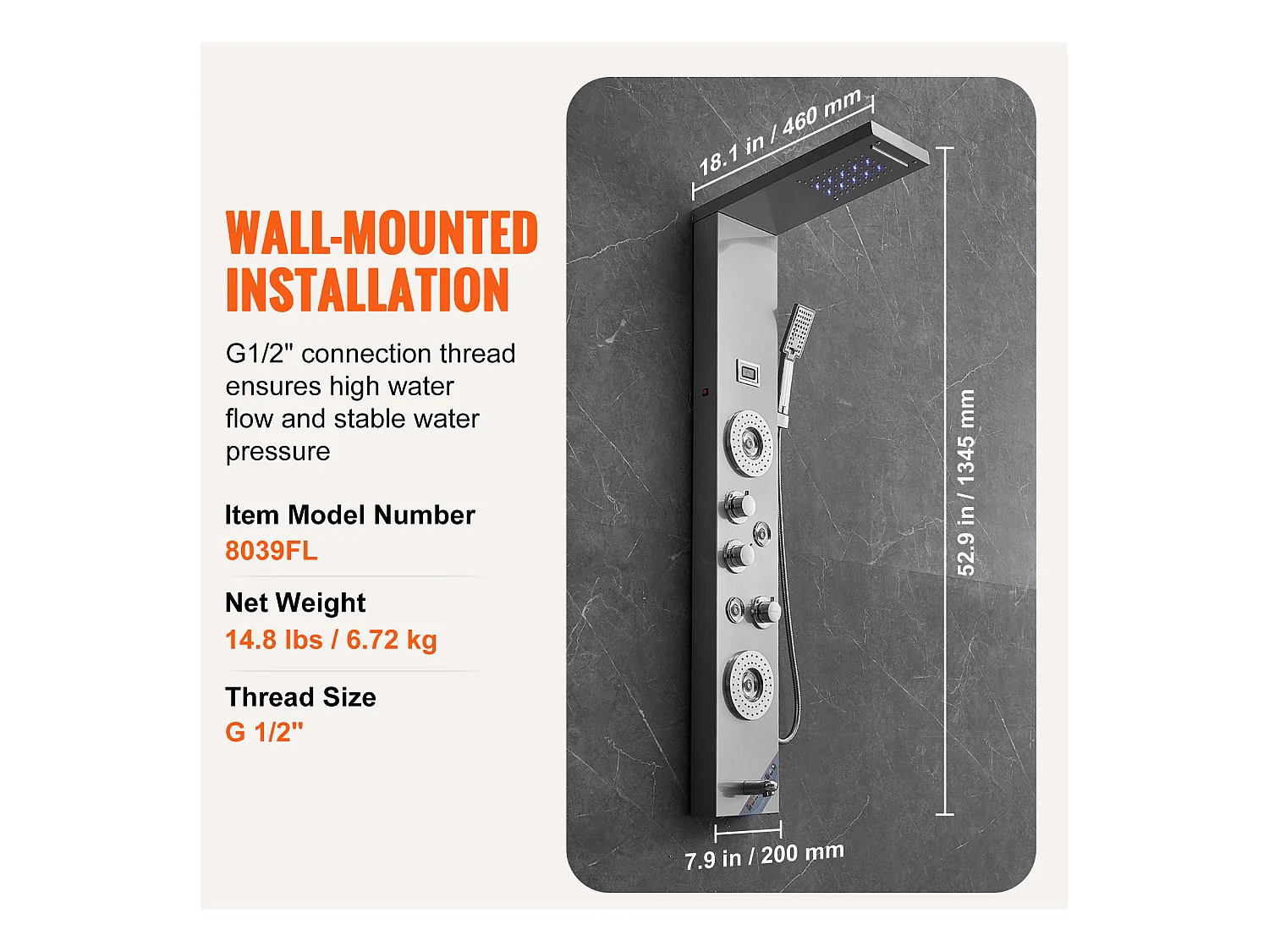 Système de Tour de Panneau de Douche SucceBuy, 6 Modes, LED et Affichage Numérique, Acier Inoxydable avec Effet Pluie