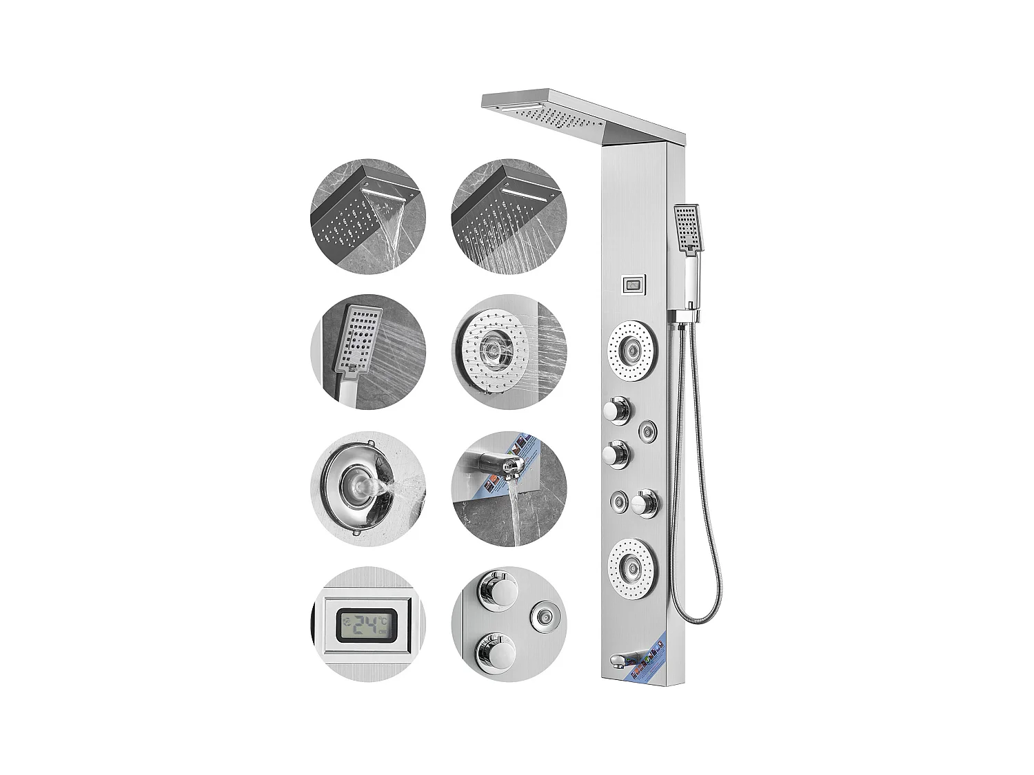 Système de Tour de Panneau de Douche SucceBuy, 6 Modes, LED et Affichage Numérique, Acier Inoxydable avec Effet Pluie