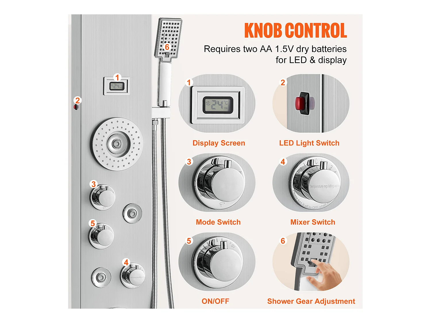 Sistema de Torre de Panel de Ducha SucceBuy, 6 Modos, LED y Pantalla Digital, Acero Inoxidable con Efecto de Lluvia