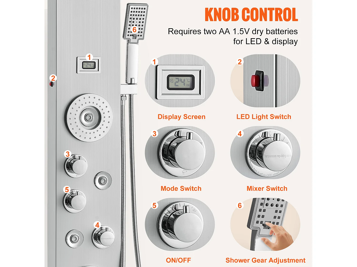 Sistema de Torre de Panel de Ducha SucceBuy, 6 Modos, LED y Pantalla Digital, Acero Inoxidable con Efecto de Lluvia