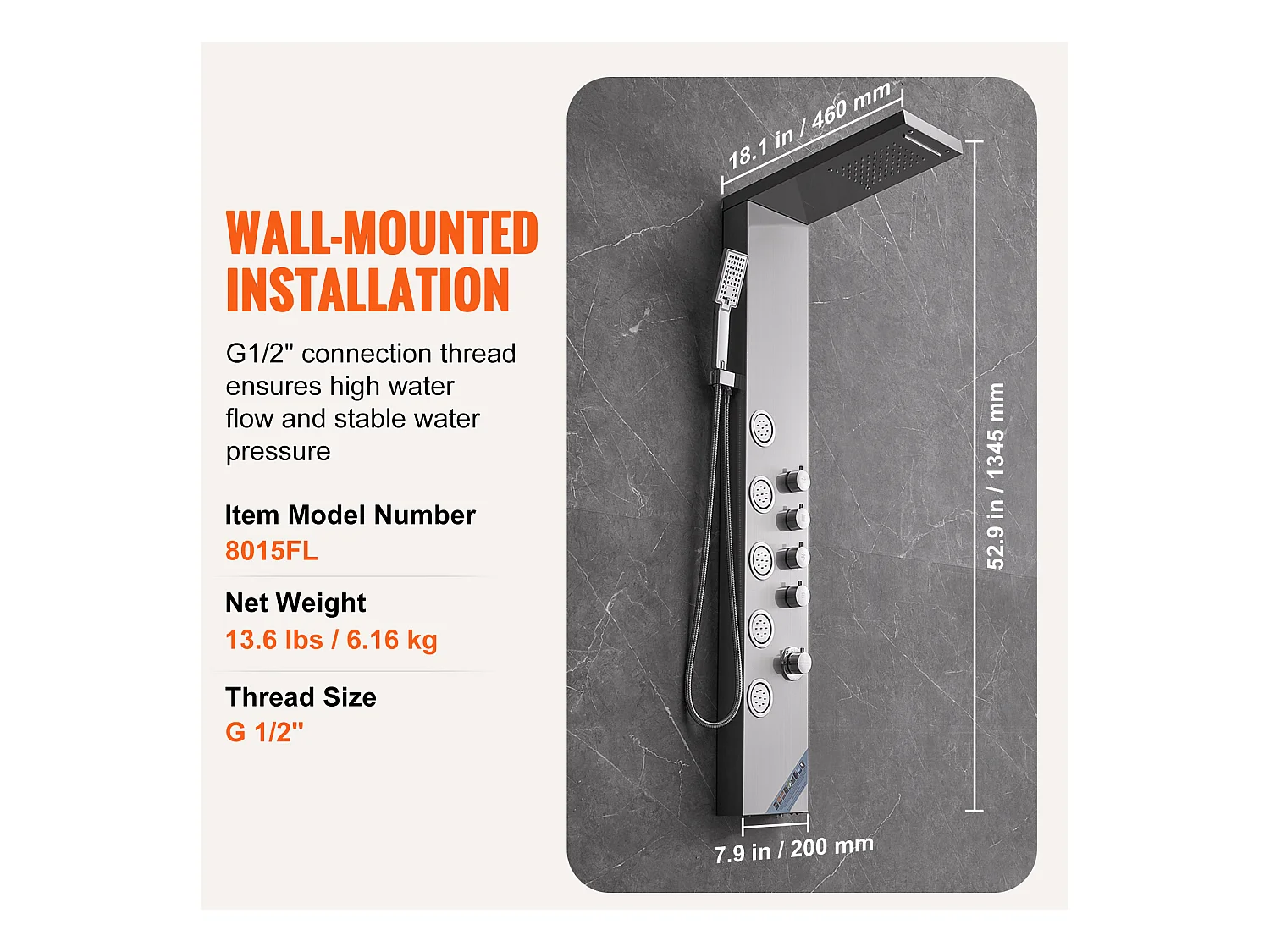 Système de Tour de Panneau de Douche SucceBuy en Acier Inoxydable, 4 Modes de Jets de Cascade et d'Effet Pluie