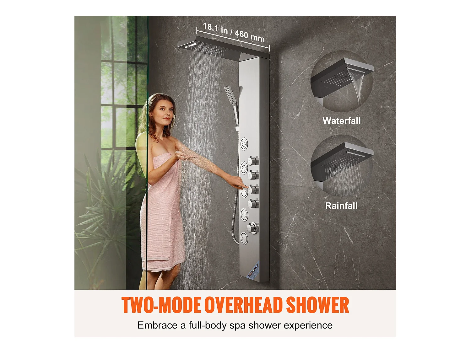 Système de Tour de Panneau de Douche SucceBuy en Acier Inoxydable, 4 Modes de Jets de Cascade et d'Effet Pluie