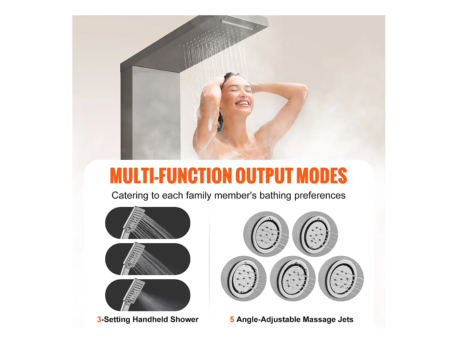 Système de Tour de Panneau de Douche SucceBuy en Acier Inoxydable, 4 Modes de Jets de Cascade et d'Effet Pluie