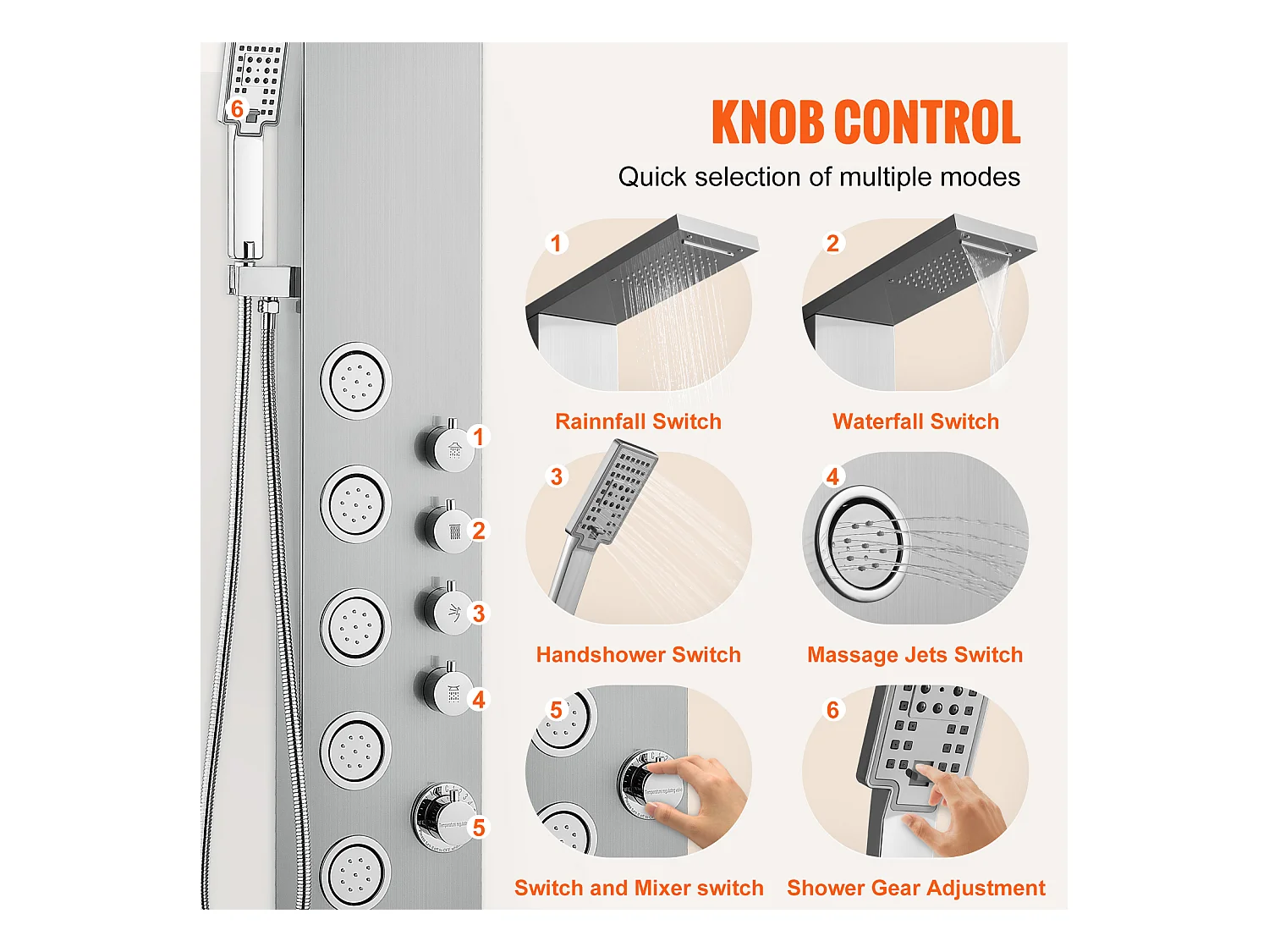 Système de Tour de Panneau de Douche SucceBuy en Acier Inoxydable, 4 Modes de Jets de Cascade et d'Effet Pluie